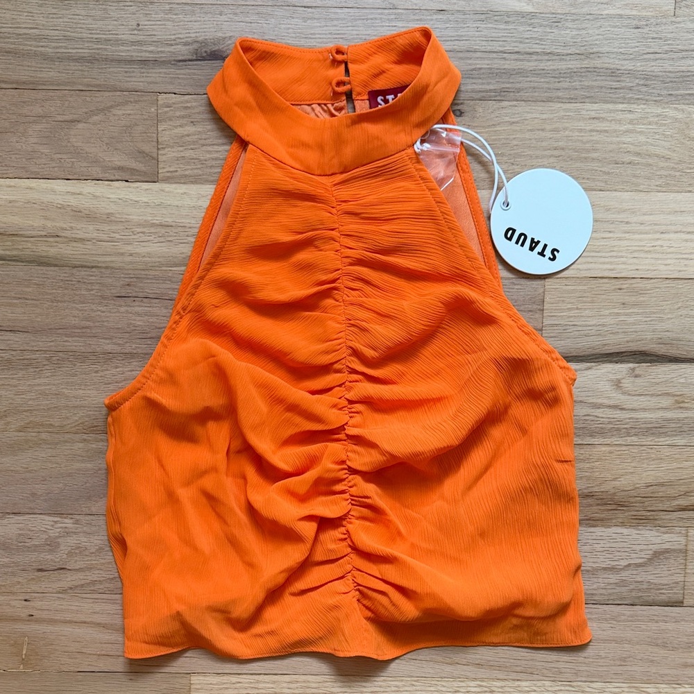 STAUD Vibrant Orange Ruched High-Neck Crop Top